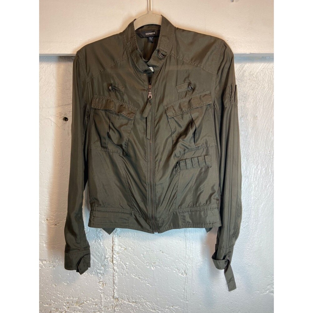 EXPRESS WOMENS MED 100% SILK GREEN FULL ZIP JACKET SHORT
